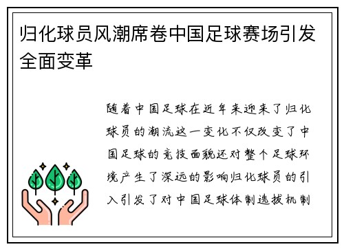 归化球员风潮席卷中国足球赛场引发全面变革
